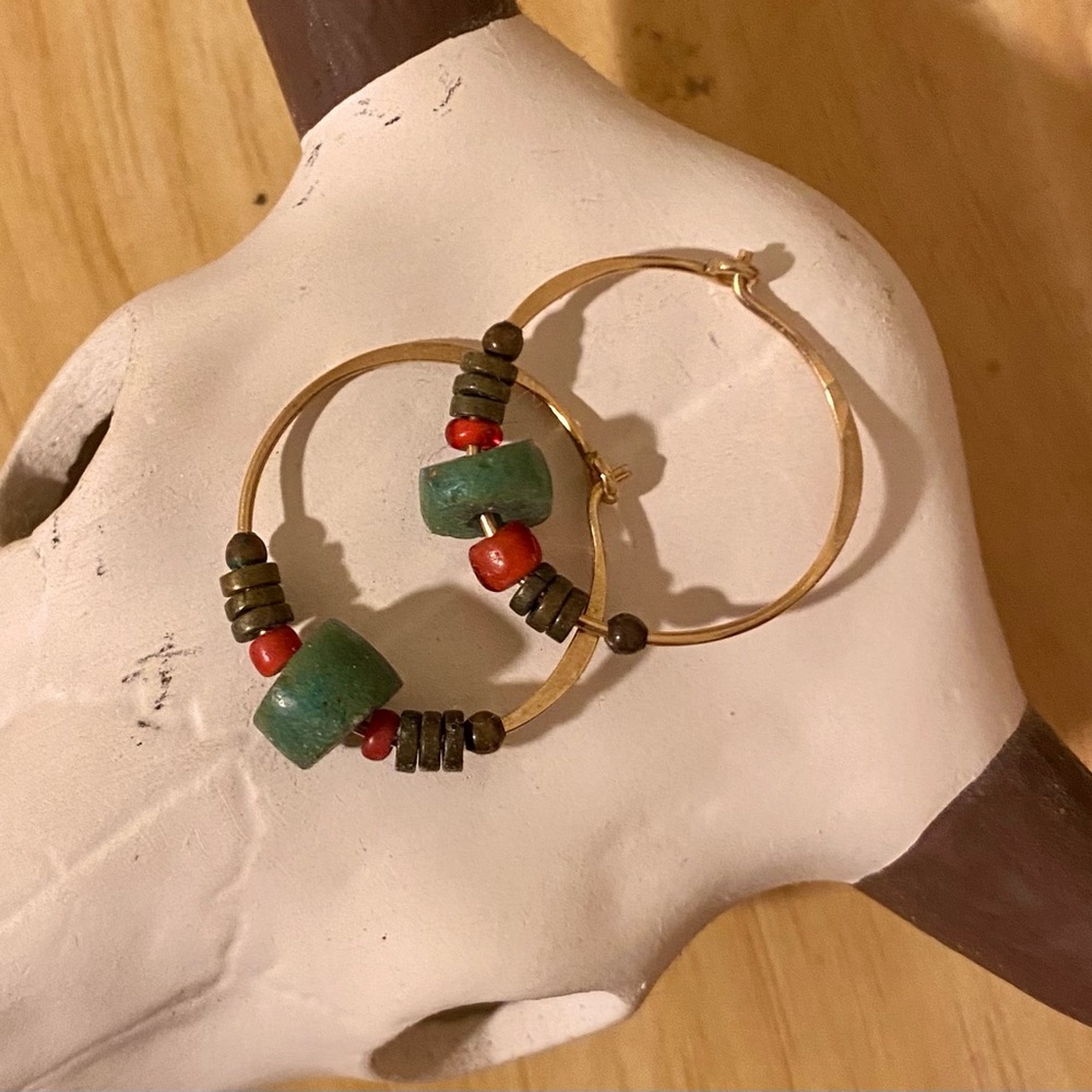 Gold Hoop Earrings with Green and Red Beads
